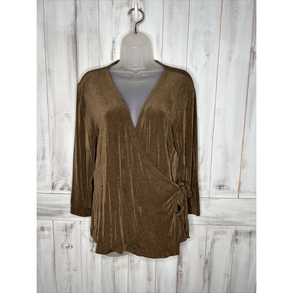 CHICOS TRAVELERS BROWN SLINKY STRETCH ACETATE SPANDEX 3/4 SLEEVE‎ WRAP TOP XL